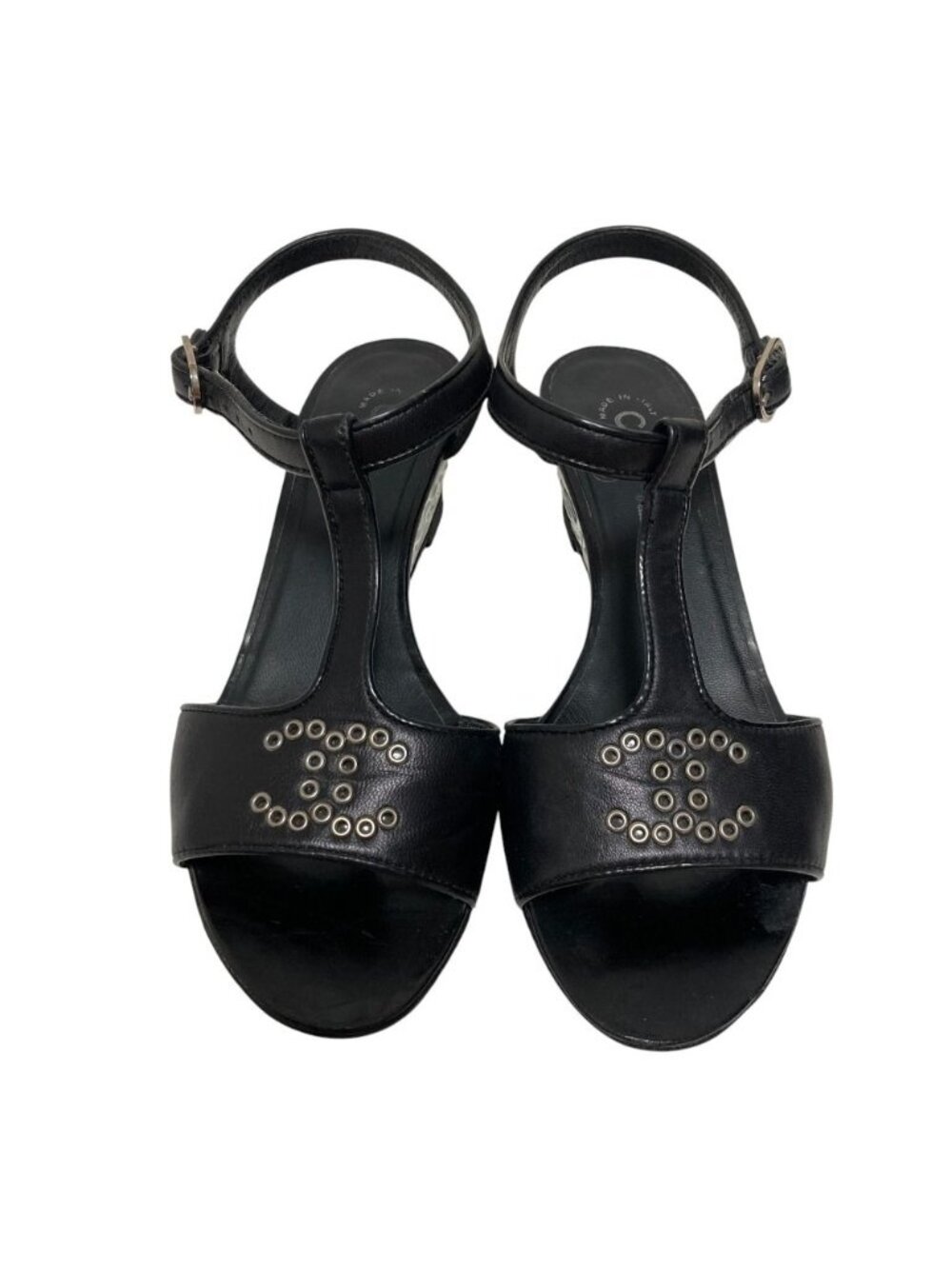 Chanel T-strap Leather Wedge Sandals Black Spring Summer